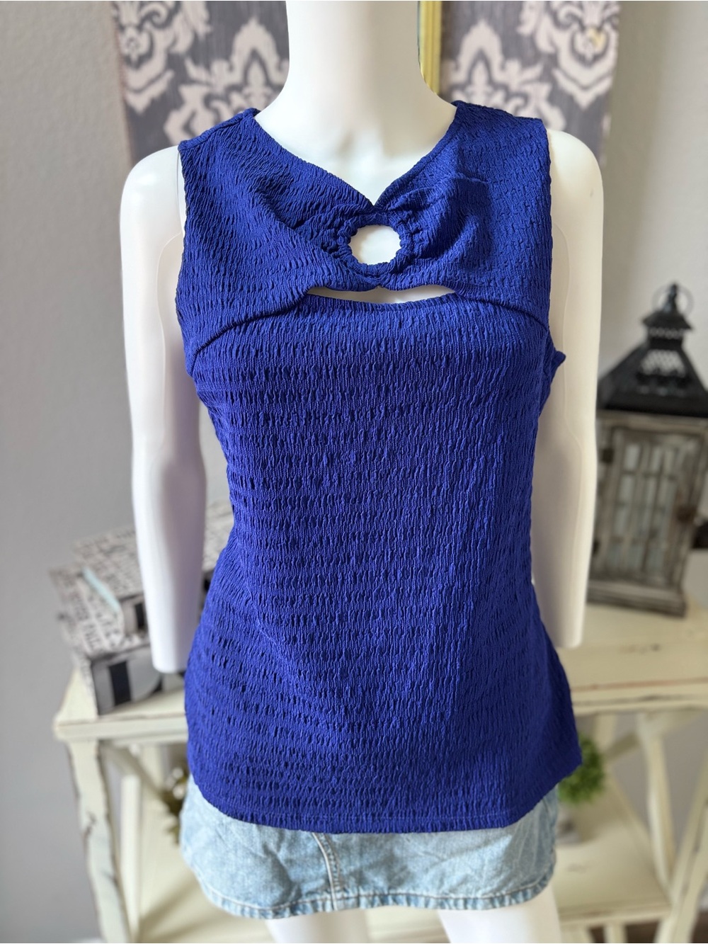 I.N.C. International Concepts Royal Blue Textured Cutout Tank Top | Size M